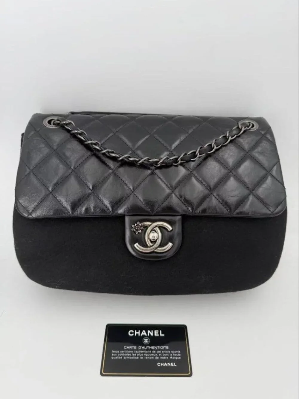Chanel Leather Wool Felt Quilted Flap Bag